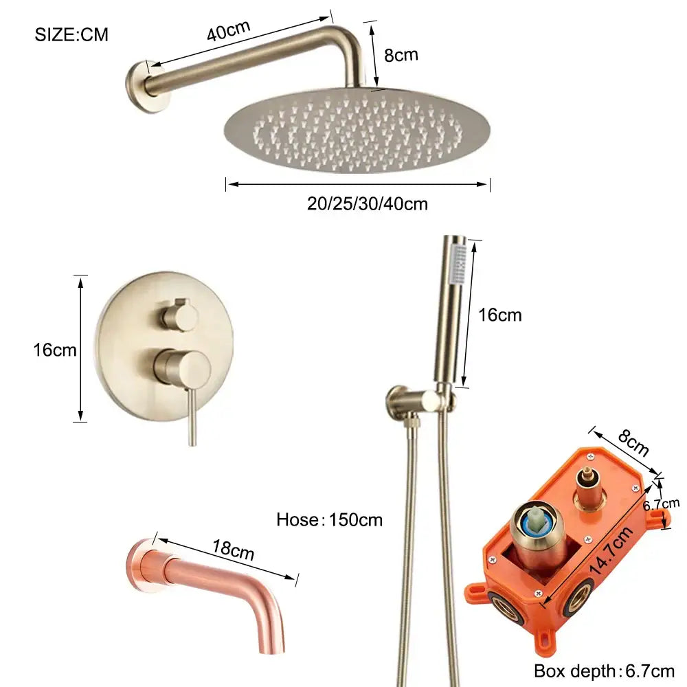 Brushed gold rainfall shower faucet set with handheld for bathroom