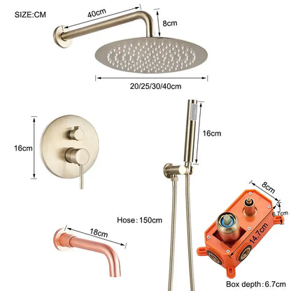 Brushed gold rainfall shower faucet set with handheld for bathroom