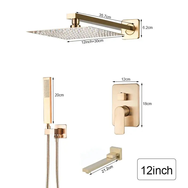 Brushed gold rainfall shower faucet with handheld sprayer bathroom