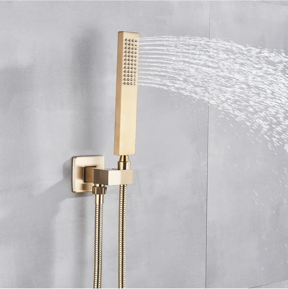 Brushed gold rainfall shower faucet with handheld sprayer bathroom