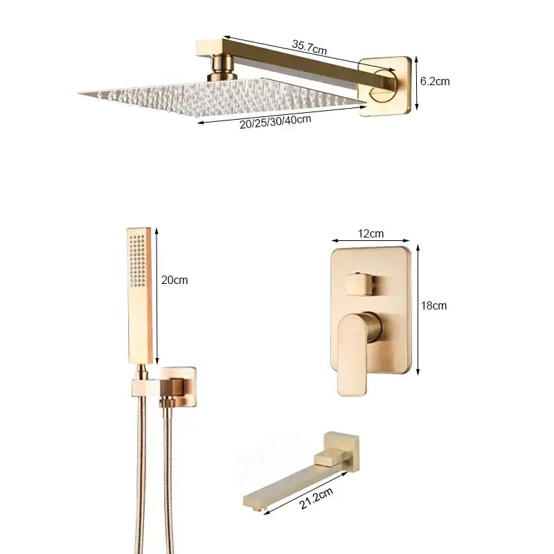 Brushed gold rainfall shower faucet with handheld sprayer bathroom