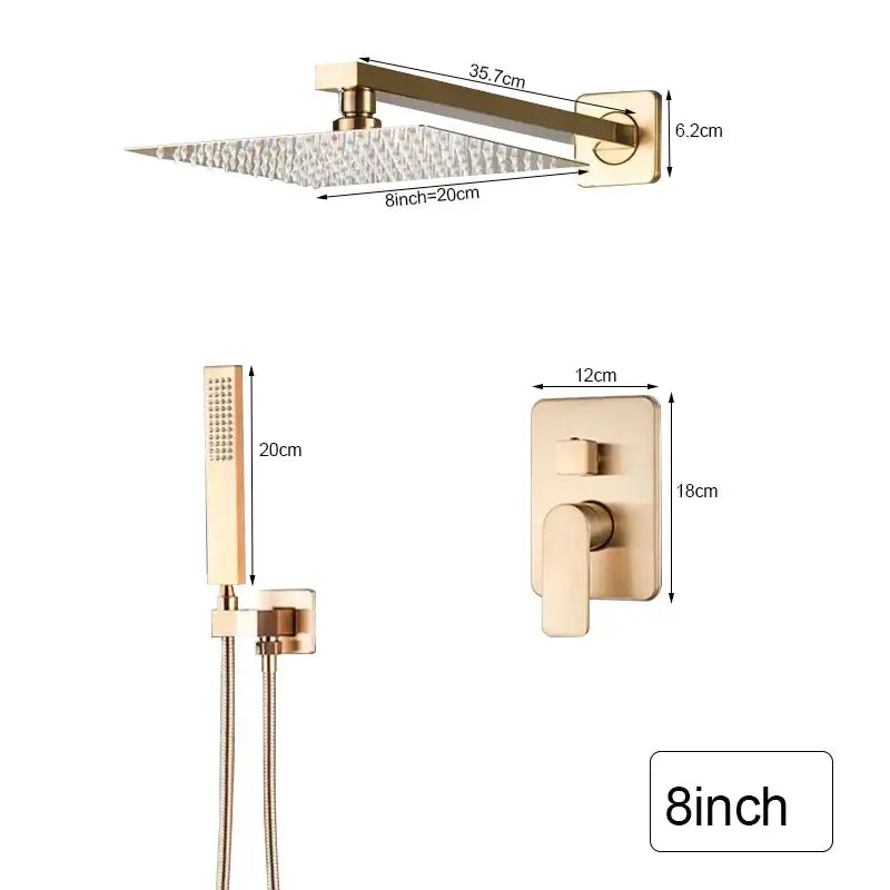 Brushed gold rainfall shower faucet with handheld sprayer bathroom
