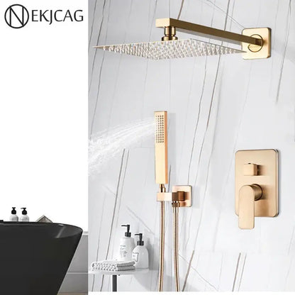 Brushed gold rainfall shower faucet with handheld sprayer bathroom