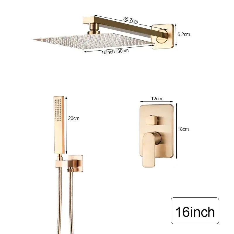 Brushed gold rainfall shower faucet with handheld sprayer bathroom