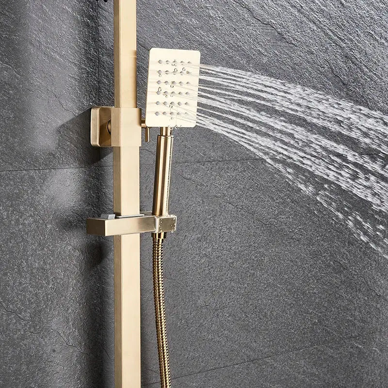 Brushed gold shower mixer with rainfall head and handheld spray bathroom