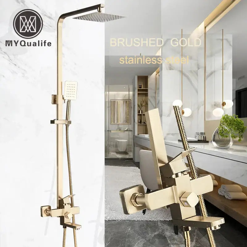 Brushed gold shower mixer with rainfall head and handheld spray bathroom