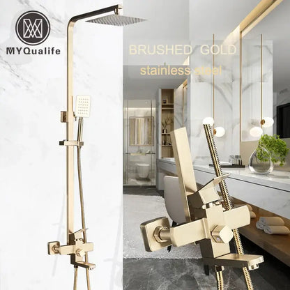 Brushed gold shower mixer with rainfall head and handheld spray bathroom