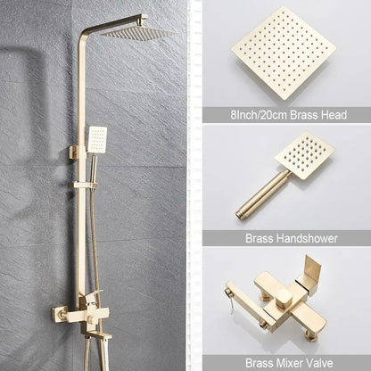 Brushed gold shower mixer with rainfall head and handheld spray bathroom
