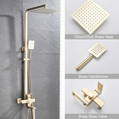 Brushed gold shower mixer with rainfall head and handheld spray bathroom