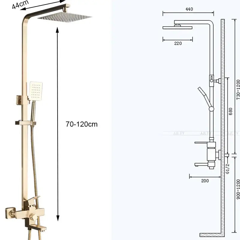 Brushed gold shower mixer with rainfall head and handheld spray bathroom