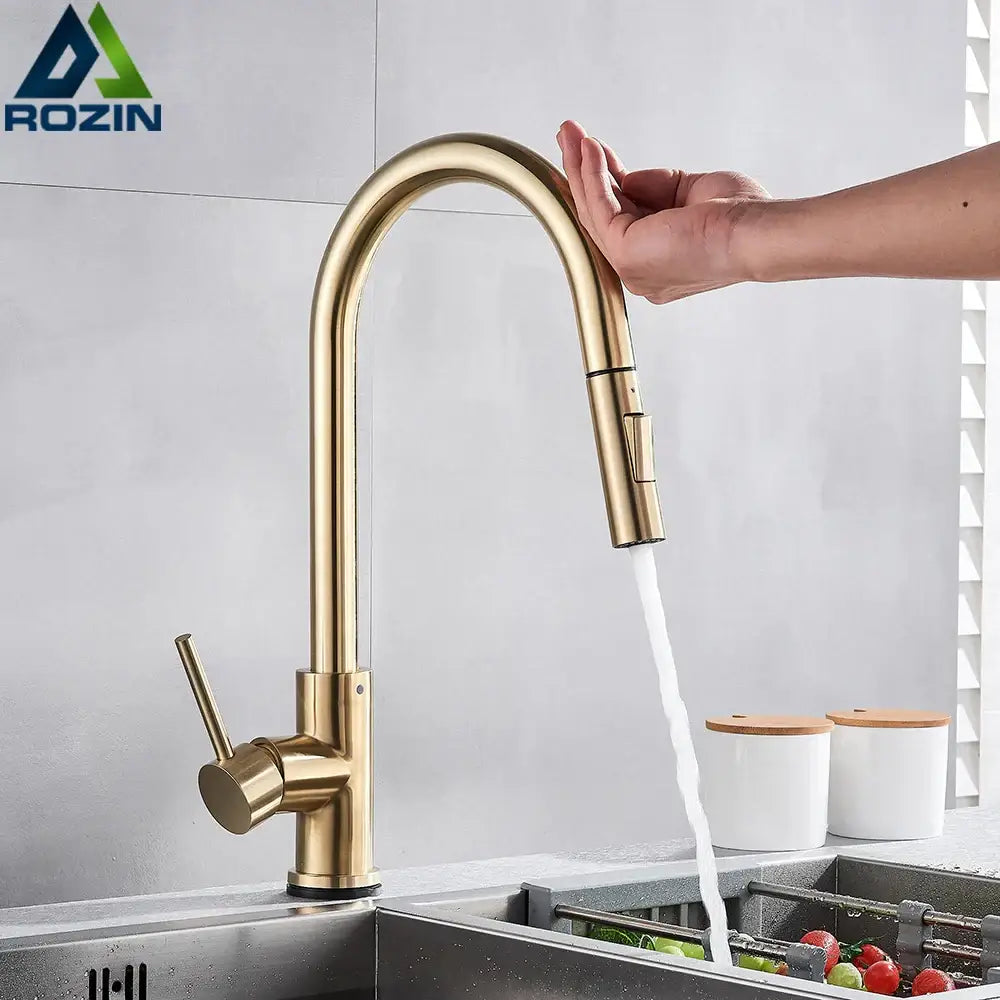 Brushed gold smart touch kitchen faucet with dual outlet modes