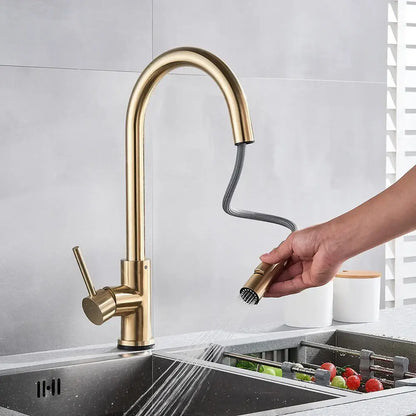 Brushed gold smart touch kitchen faucet with dual outlet modes