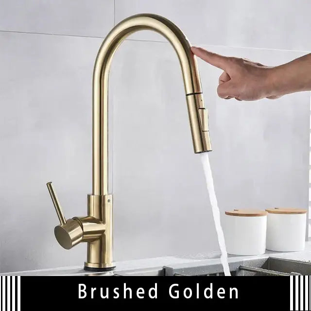 Brushed gold smart touch kitchen faucet with dual outlet modes