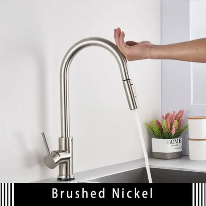 Brushed gold smart touch kitchen faucet with dual outlet modes