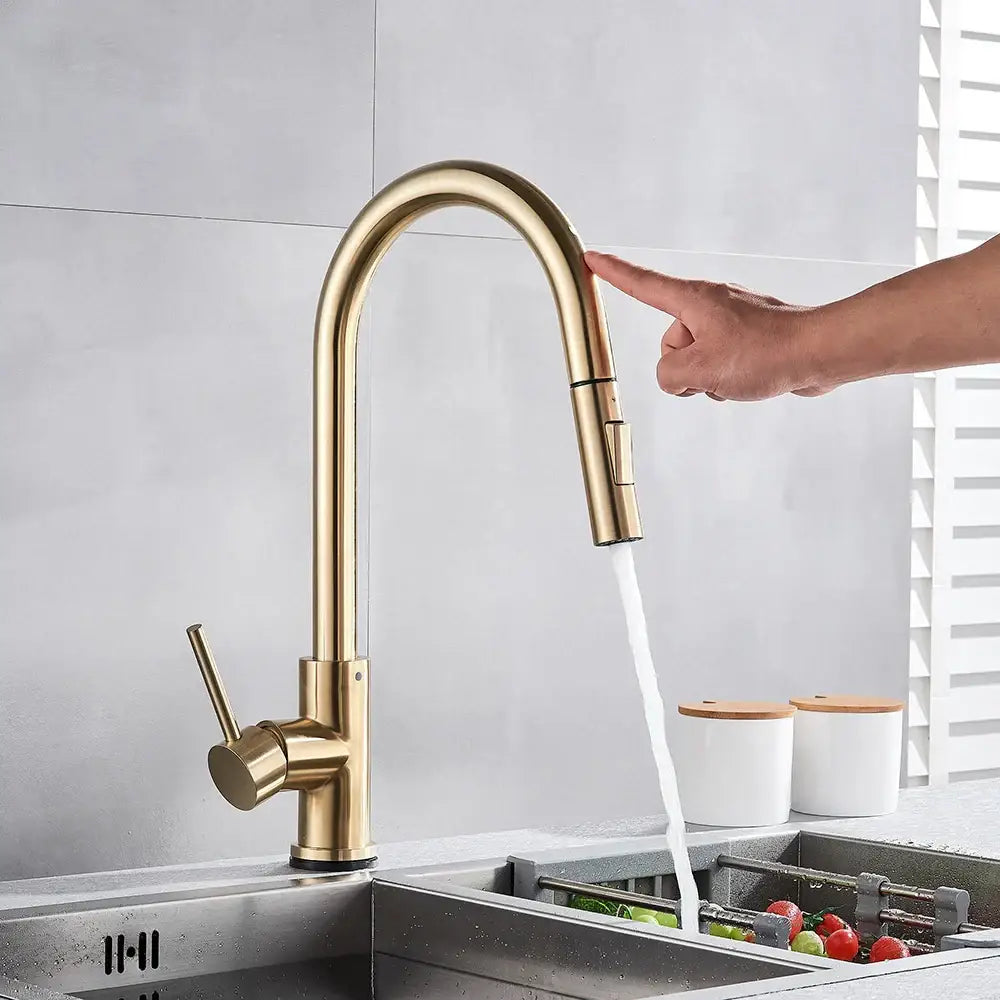 Brushed gold smart touch kitchen faucet with dual outlet modes