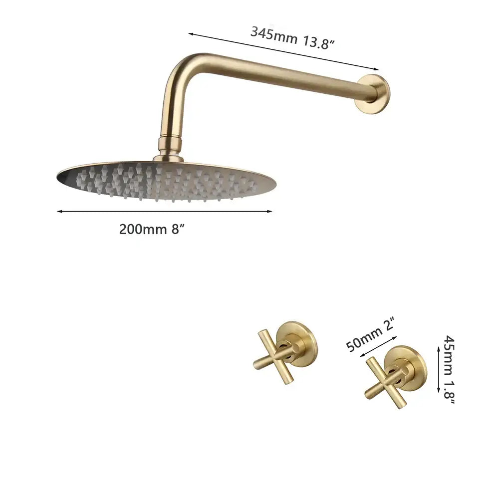 Brushed gold square rainfall shower faucet set bathroom with cross handles