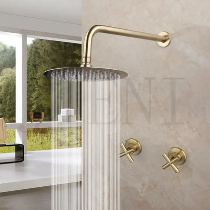 Brushed gold square rainfall shower faucet set bathroom with cross handles