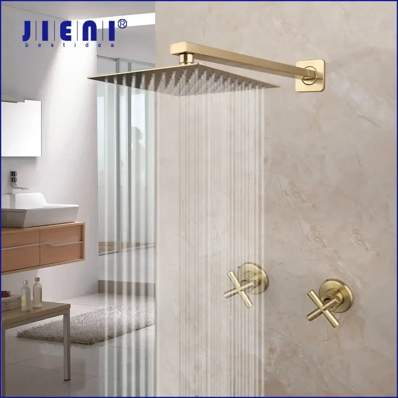 Brushed gold square rainfall shower faucet set bathroom with cross handles
