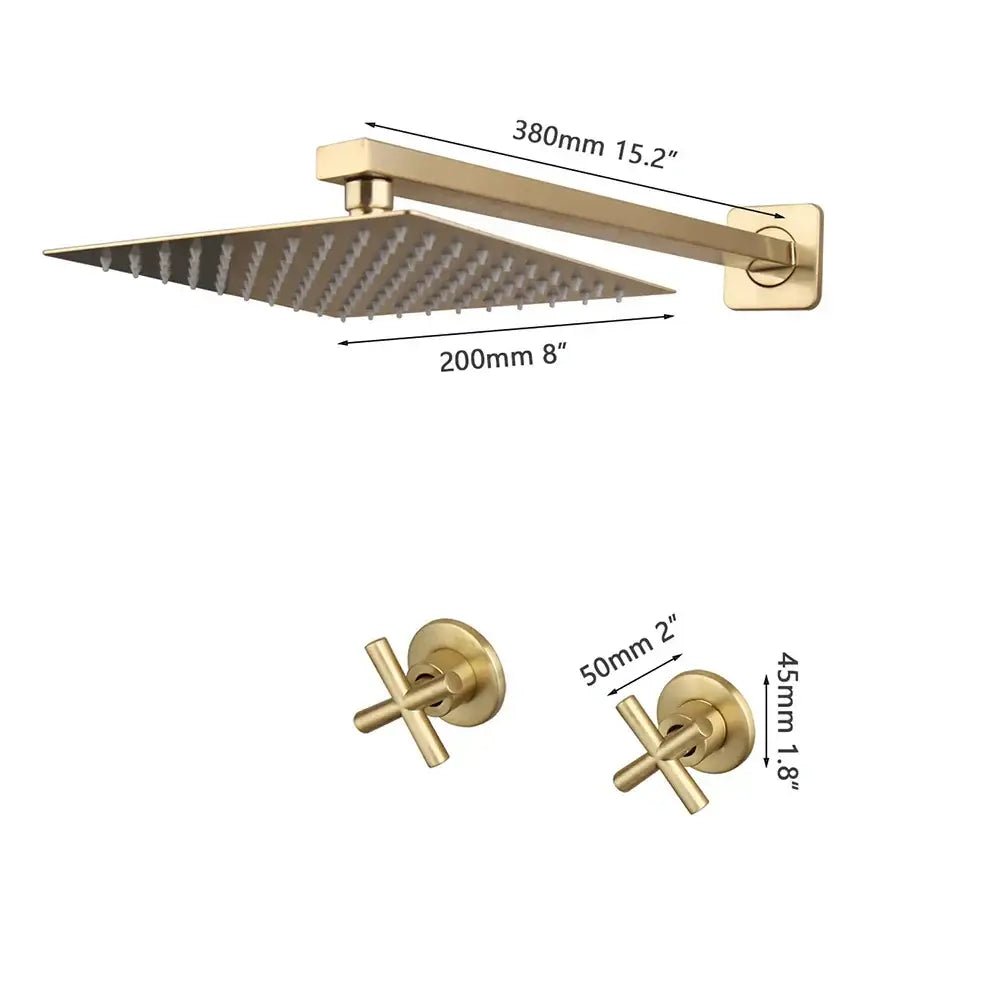 Brushed gold square rainfall shower faucet set bathroom with cross handles