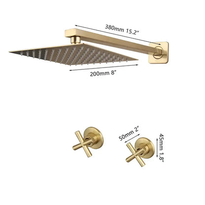 Brushed gold square rainfall shower faucet set bathroom with cross handles