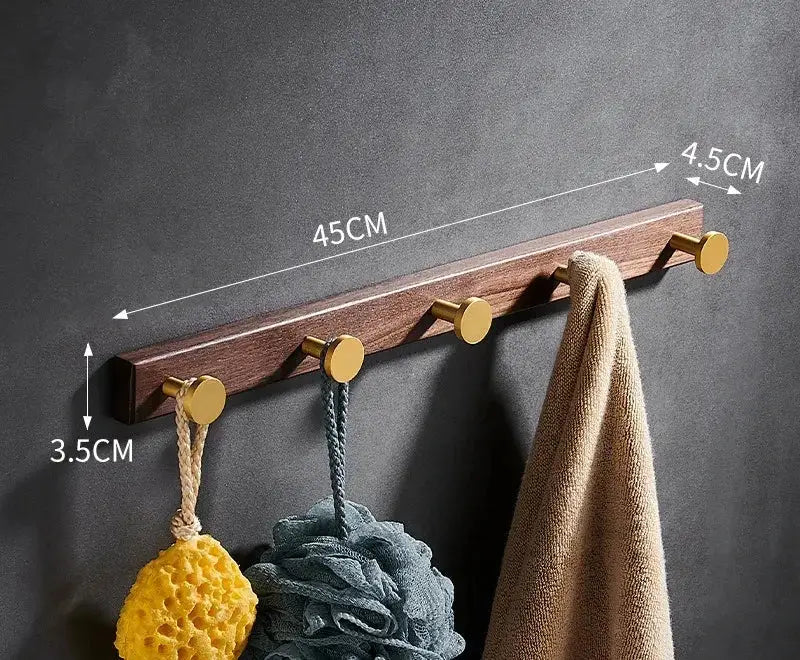 Brushed gold wood and aluminum robe hook towel hanger for bathroom