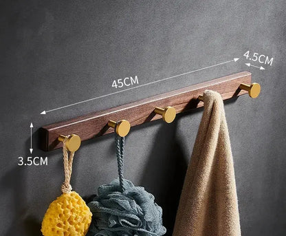Brushed gold wood and aluminum robe hook towel hanger for bathroom