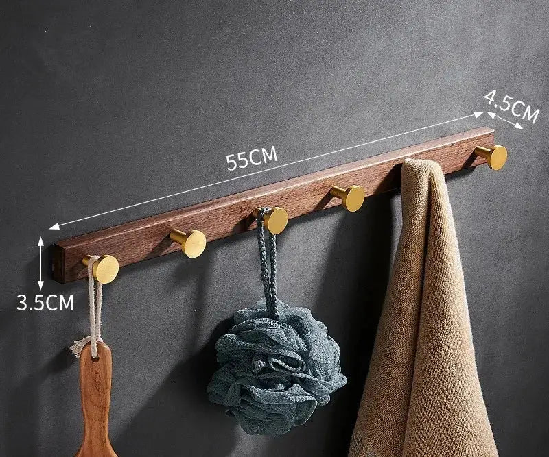Brushed gold wood and aluminum robe hook towel hanger for bathroom