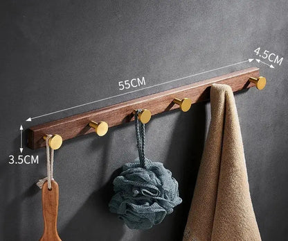 Brushed gold wood and aluminum robe hook towel hanger for bathroom