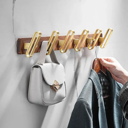 Brushed gold wood and aluminum robe hook towel hanger for bathroom