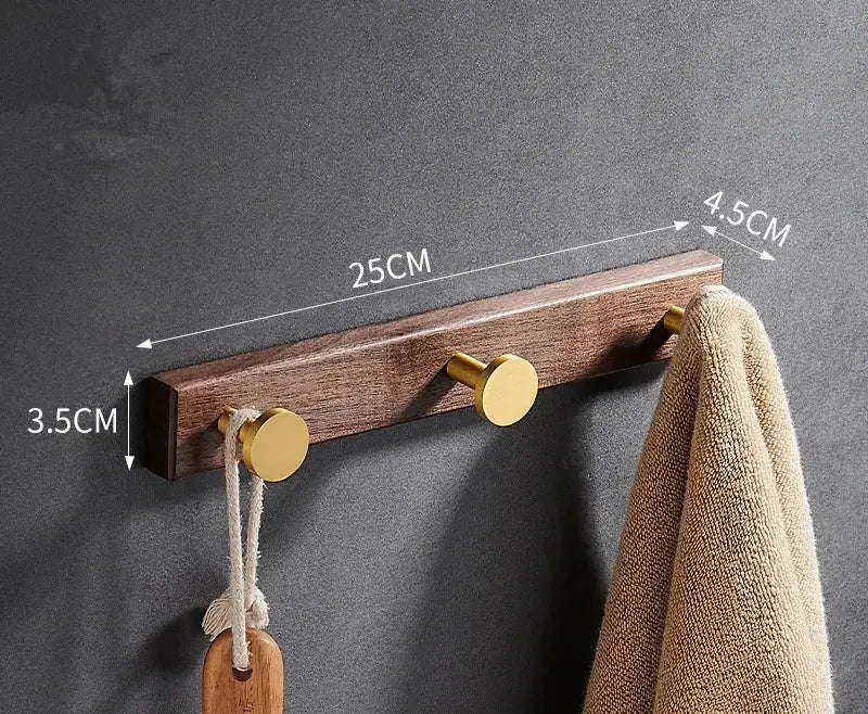 Brushed gold wood and aluminum robe hook towel hanger for bathroom