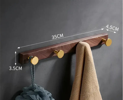 Brushed gold wood and aluminum robe hook towel hanger for bathroom
