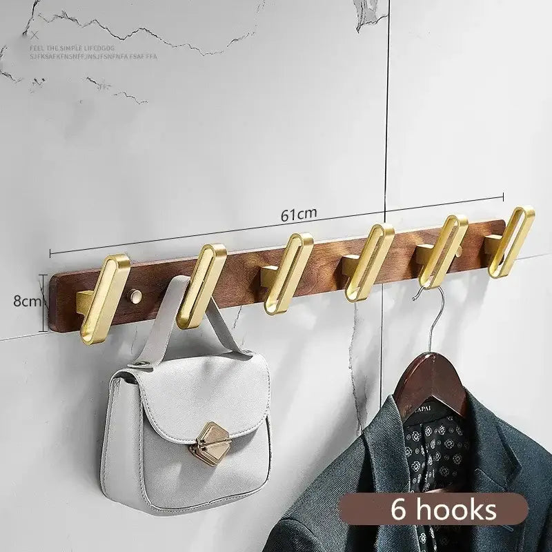Brushed gold wood and aluminum robe hook towel hanger for bathroom