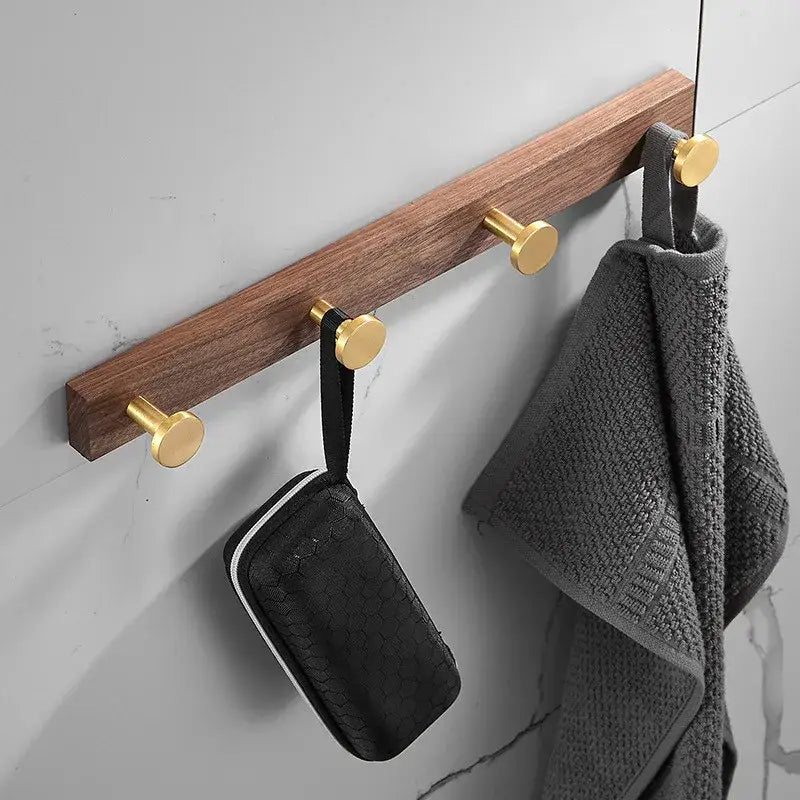 Brushed gold wood and aluminum robe hook towel hanger for bathroom