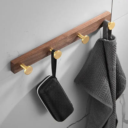 Brushed gold wood and aluminum robe hook towel hanger for bathroom