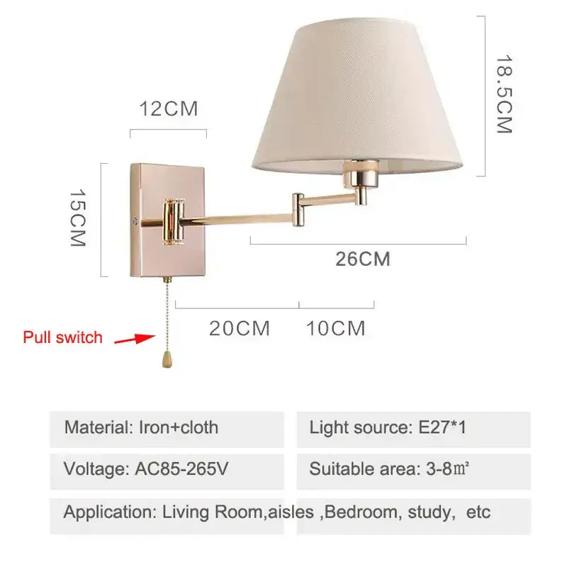 Brushed nickel adjustable rocker arm wall lamp with cream shade bedroom