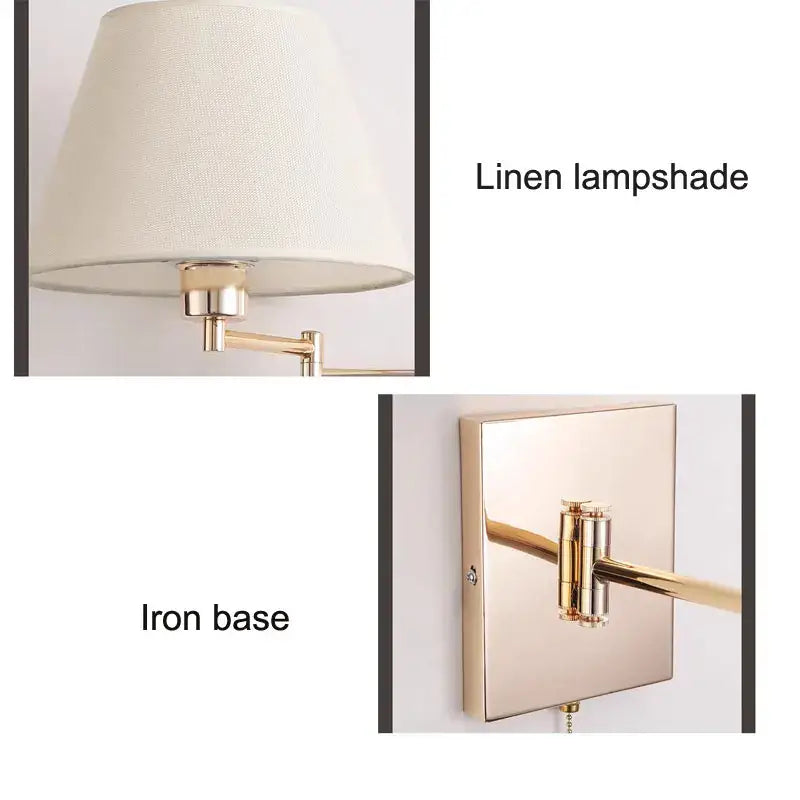 Brushed nickel adjustable rocker arm wall lamp with cream shade bedroom