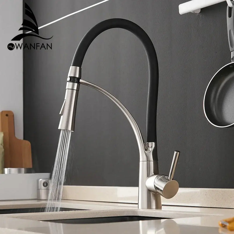 Brushed nickel and black kitchen sink faucet with pull down spray