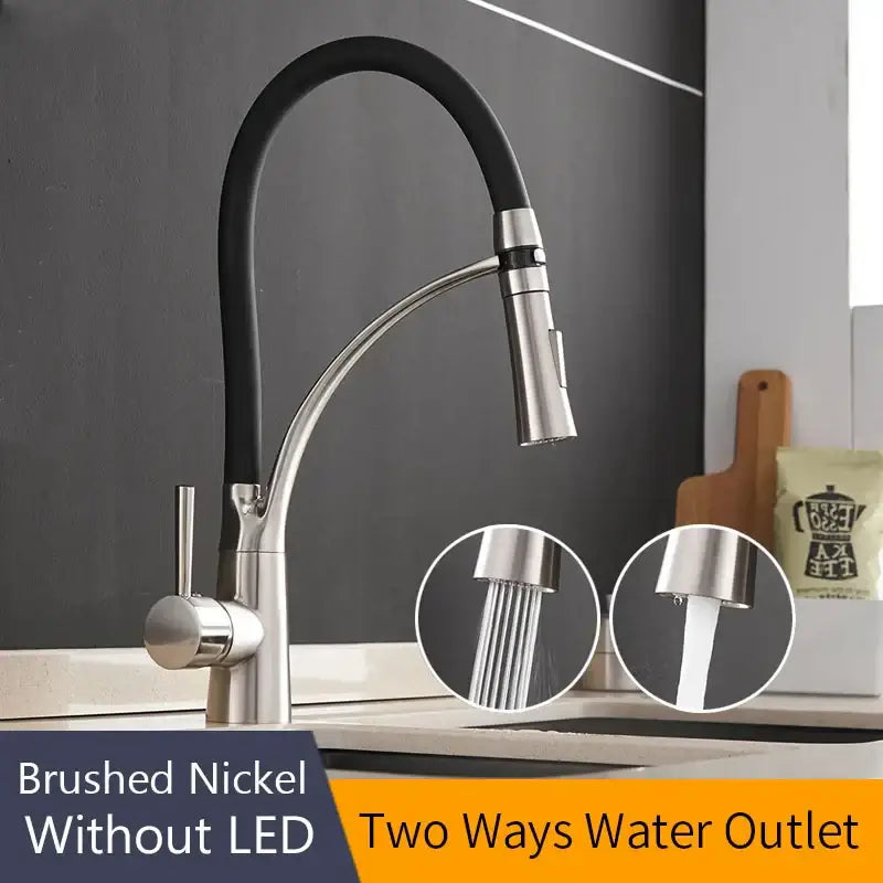 Brushed nickel and black kitchen sink faucet with pull down spray
