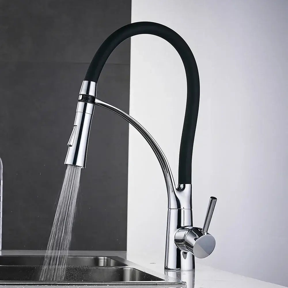 Brushed nickel and black kitchen sink faucet with pull down spray