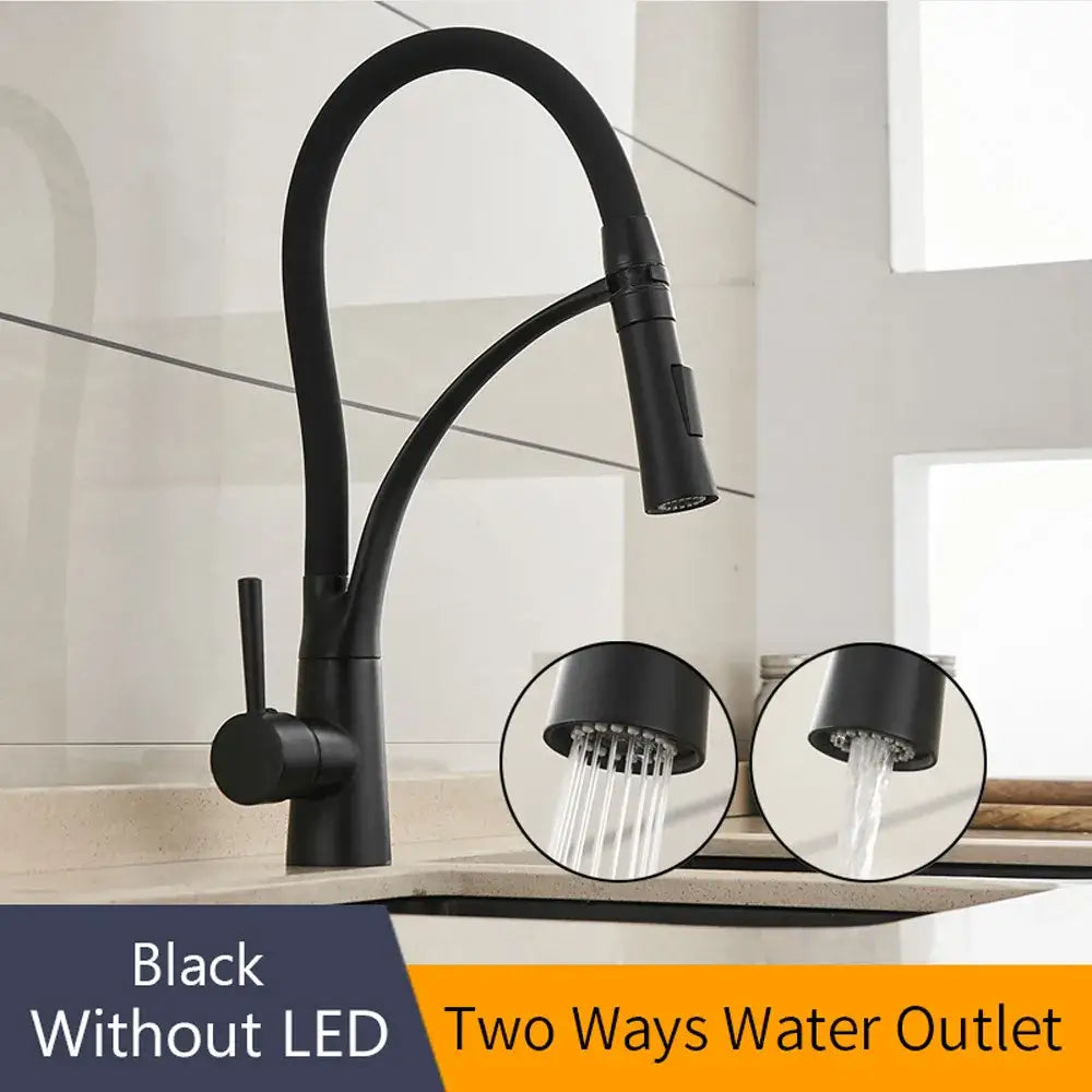 Brushed nickel and black kitchen sink faucet with pull down spray