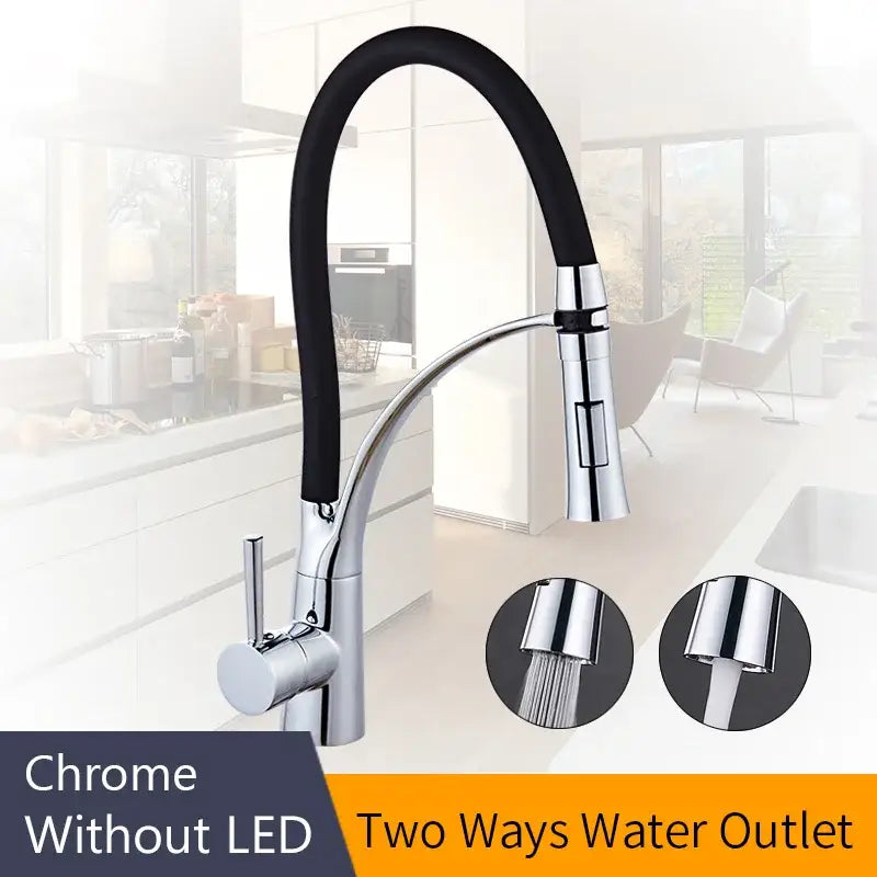 Brushed nickel and black kitchen sink faucet with pull down spray