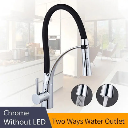 Brushed nickel and black kitchen sink faucet with pull down spray
