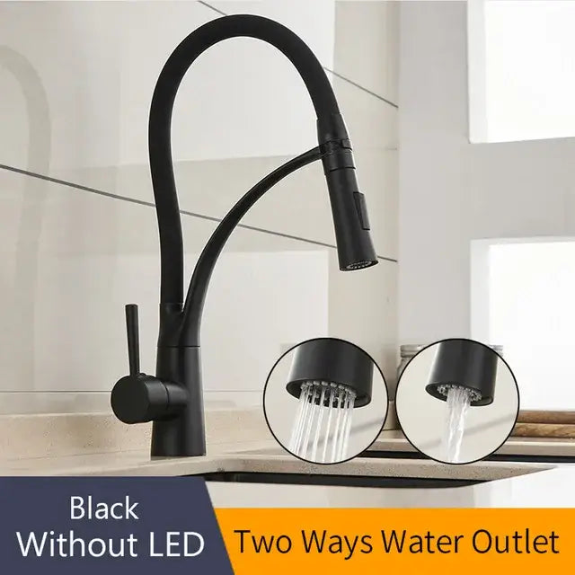 Brushed nickel and black kitchen sink faucet with pull down spray