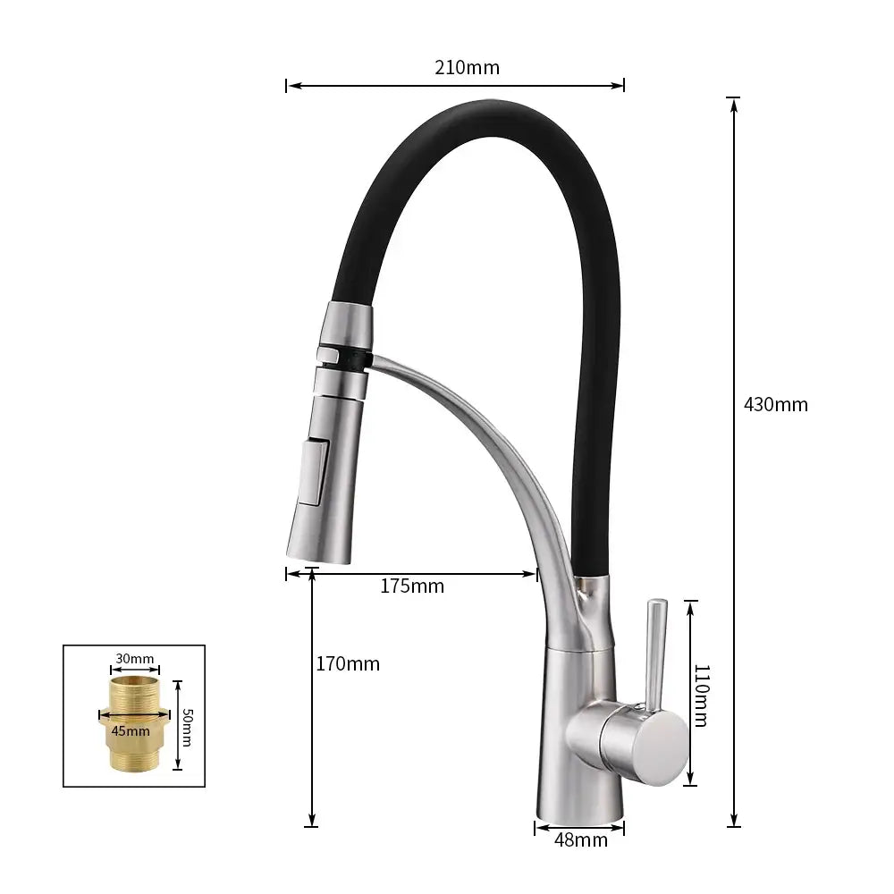 Brushed nickel and black kitchen sink faucet with pull down spray