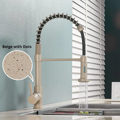Brushed nickel coiled spring kitchen faucet with pull down sprayer