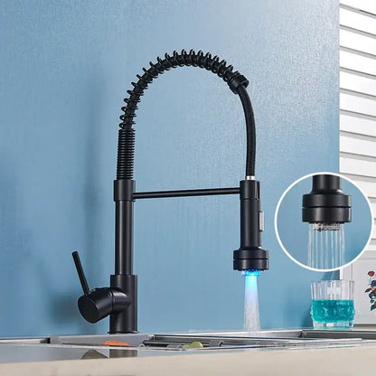 Brushed nickel coiled spring kitchen faucet with pull down sprayer