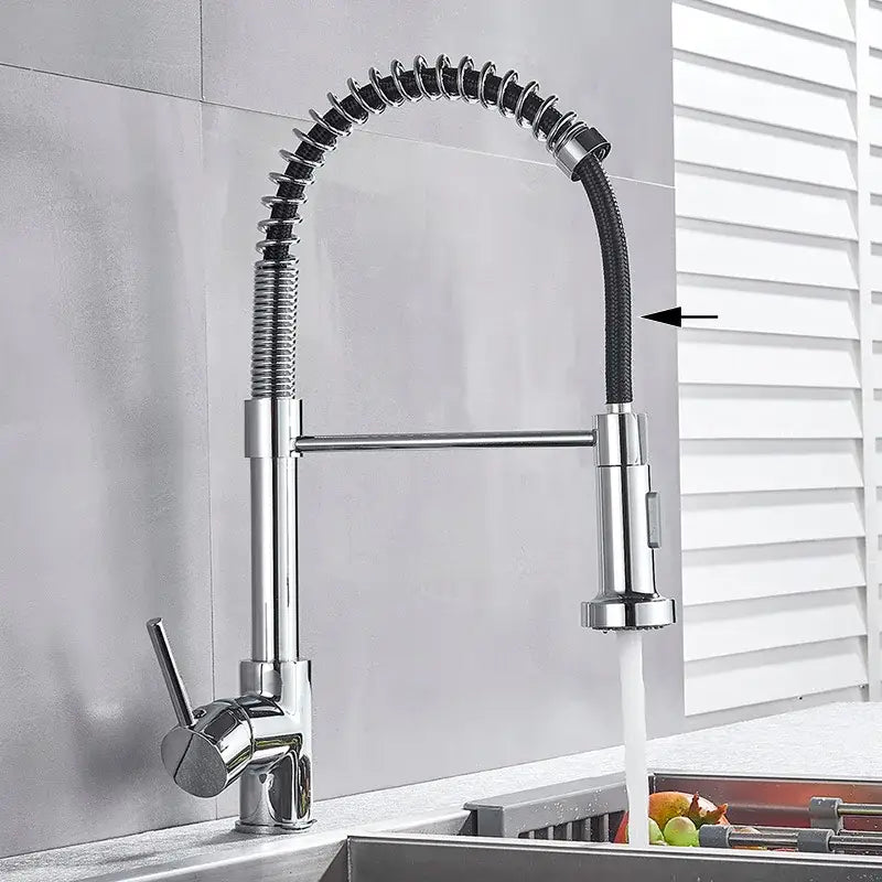Brushed nickel coiled spring kitchen faucet with pull down sprayer