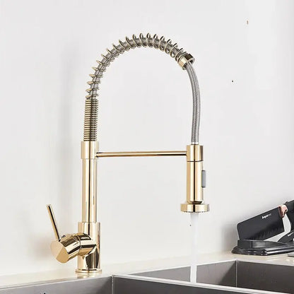Brushed nickel coiled spring kitchen faucet with pull down sprayer