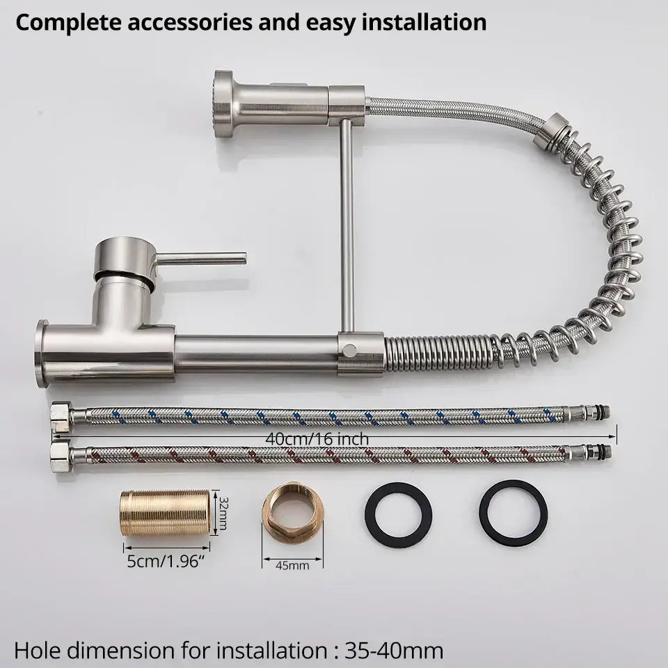 Brushed nickel coiled spring kitchen faucet with pull down sprayer