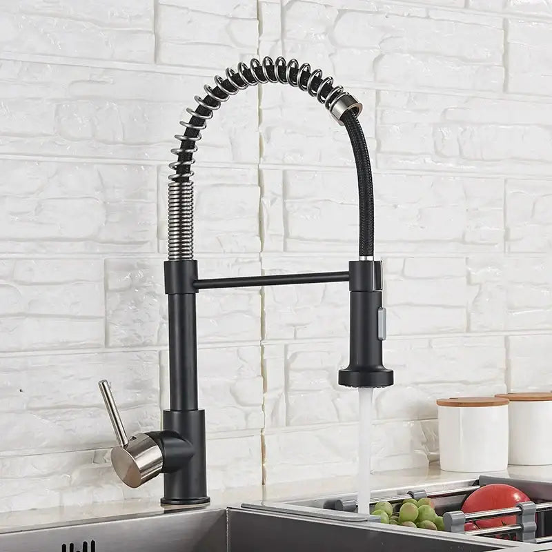 Brushed nickel coiled spring kitchen faucet with pull down sprayer